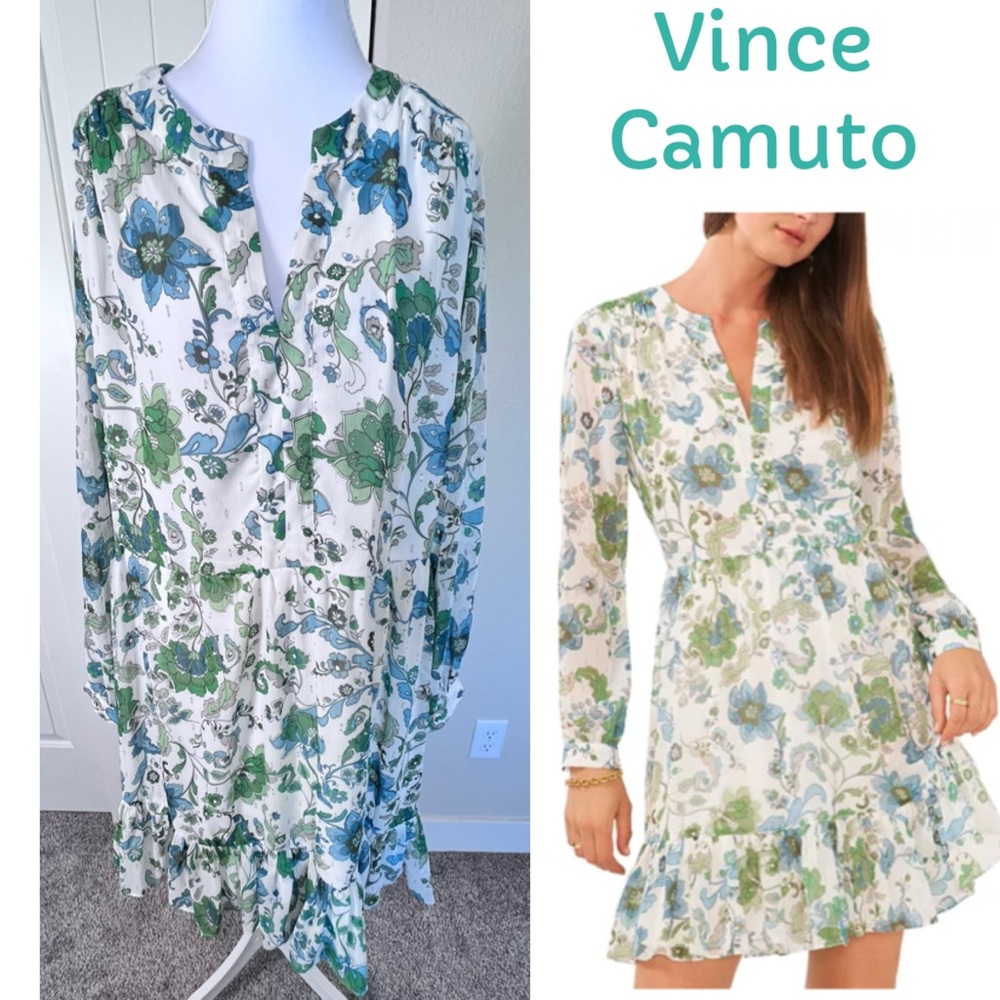 Vince Camuto Floral Printed Split-Neck Long-Sleeve Ruffle Dress Sz 1X
